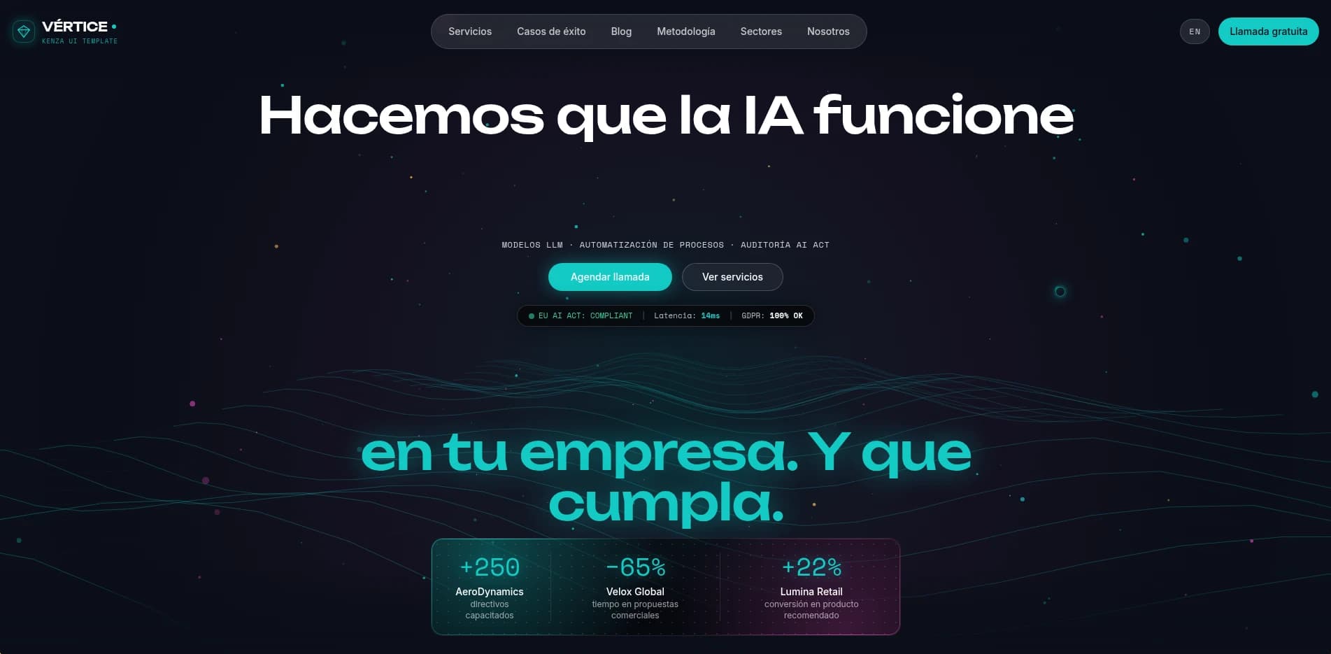 Página de inicio de Vértice, plantilla de consultoría de IA enterprise construida sobre Kenza UI